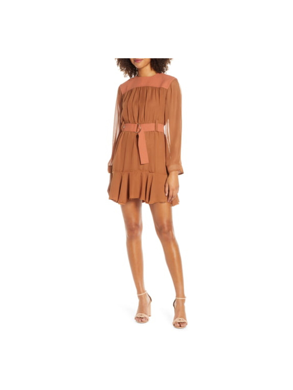 $158 NEW CAARA Belted Long Sleeve Chiffon Mini Dress XL